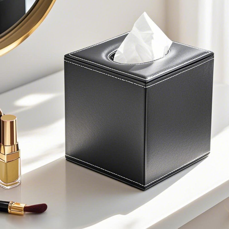 deflecto tissue box holder, square, black faux leather, 135×135×147 mm